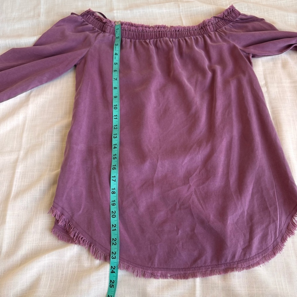 SIDE STITCH Los Angeles 100% Tencel Burgundy Off Shoulder Distressed‎ Boho Top - Picture 8 of 9